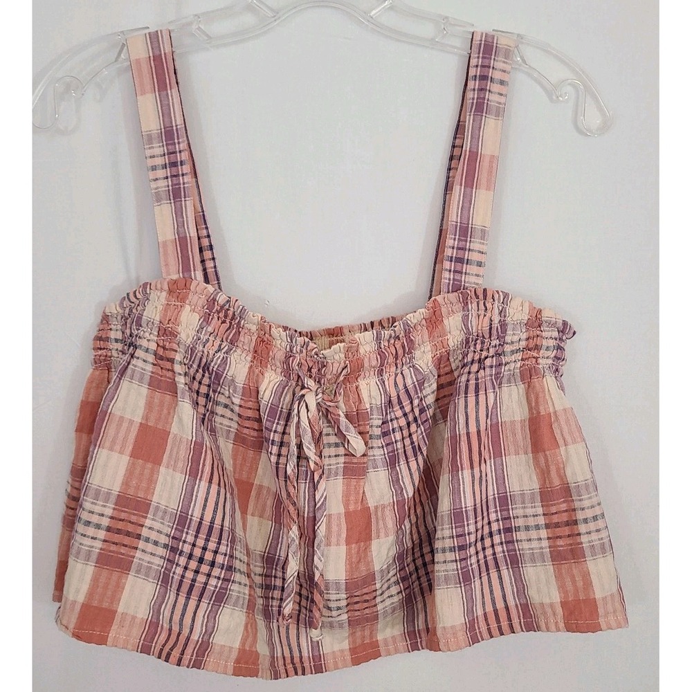 NWOT American Eagle Plaid Crop Tank Med Ruffles Pink/ Purple Cotton/Linen